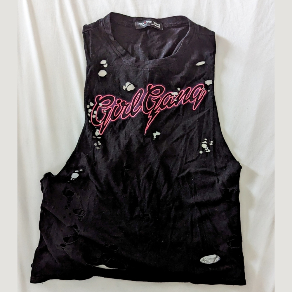 🩷 "Girl Gang" Pink Glow Twisted Racerback Distressed Tank Top